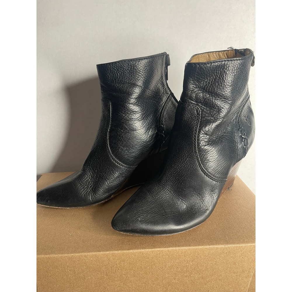 Frye Regina Wedge Back Zip Black Leather Ankle Boots 3477018 Mens 8M Pointed Toe